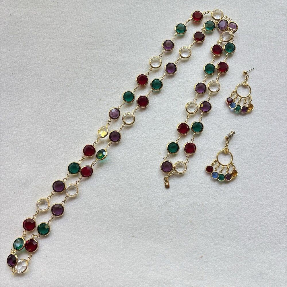 VTG Signed Swarovski GoldTone Colorful Bezel Crystals Necklace Earrings Set